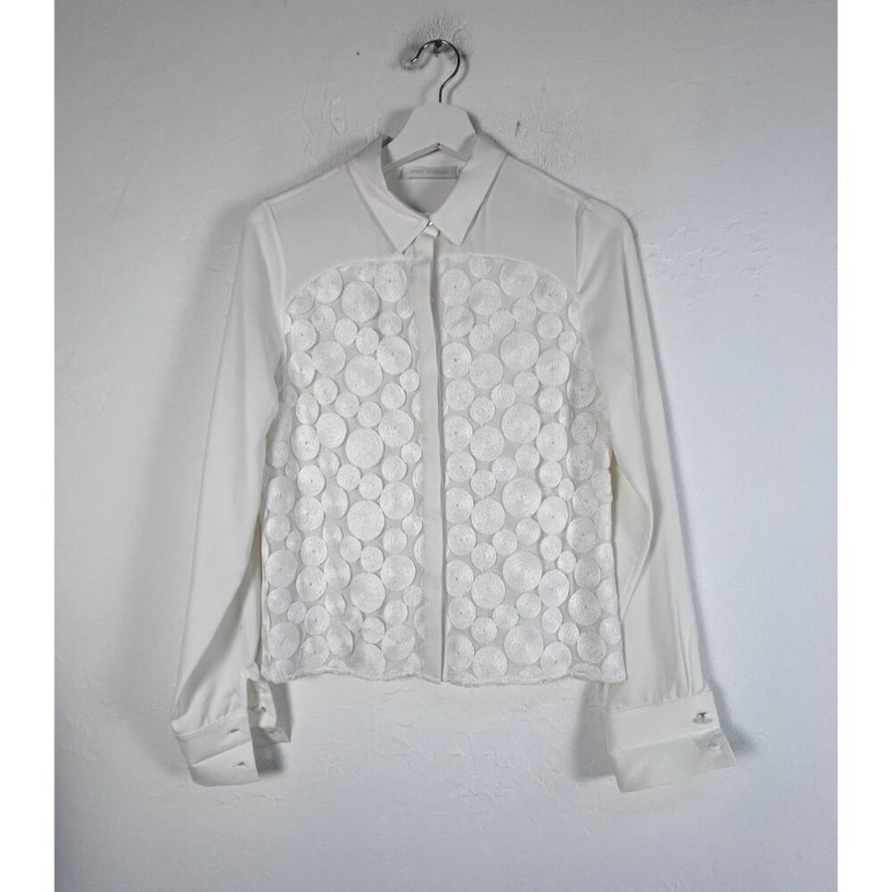 Anne Fontaine Womens White Long-Sleeve Shirt Size 38 Textured Circle Pattern